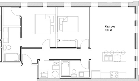Floor plan for 1 bed, 1 bath, 938 sqft